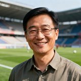 一位戴着眼镜、约35岁的中国男性体育爱好者的头像照片，他穿着休闲衬衫面带微笑，背景是模糊的足球场看台。